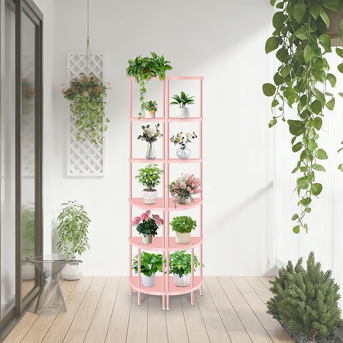 Qupui 6 Tier Corner Shelf Stand, 66” Tall Corner Bookshelf Multipurpose Shelving Unit, Corner Stand Display Rack Home Organizer Shelves for Bedroom Living Room, Pink