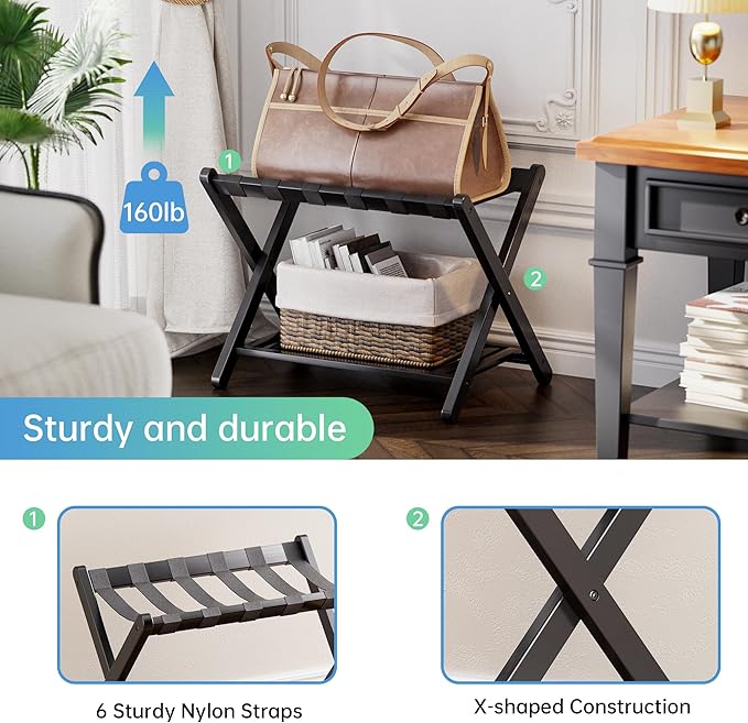 SMIBUY Luggage Rack, Set of 2, Foldable Bamboo Suitcase Stand with Storage Shelf for Guest Room, Bedroom, Hotel, Heavy-Duty (Black)