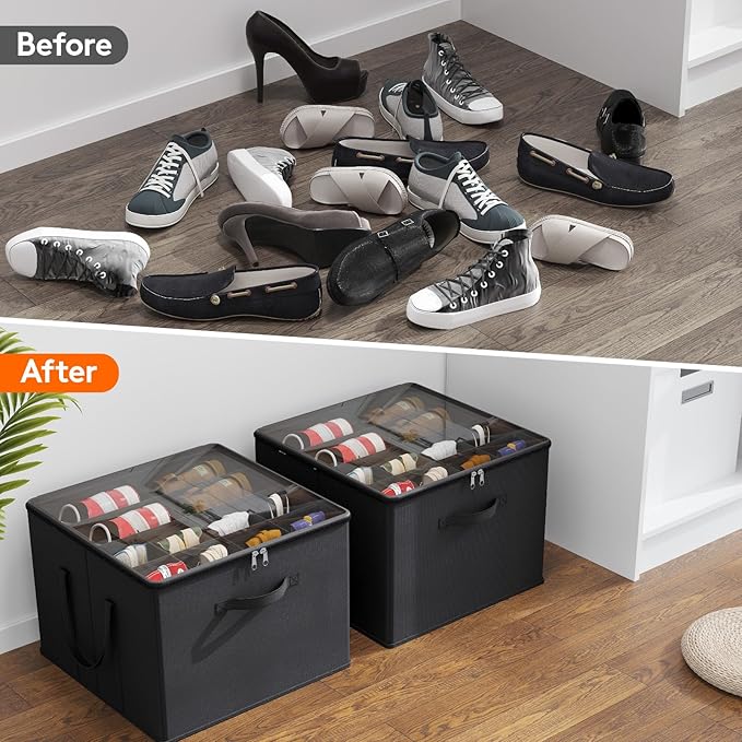 Lifewit Shoe Storage Organizer for Closet, Fabric Large Shoe Box Storage Containers with Clear Cover, Foldable Bins for Boots Heels Sneakers Fits 24-32 Pairs (Each 12-16 Pairs) 2 Pack Black