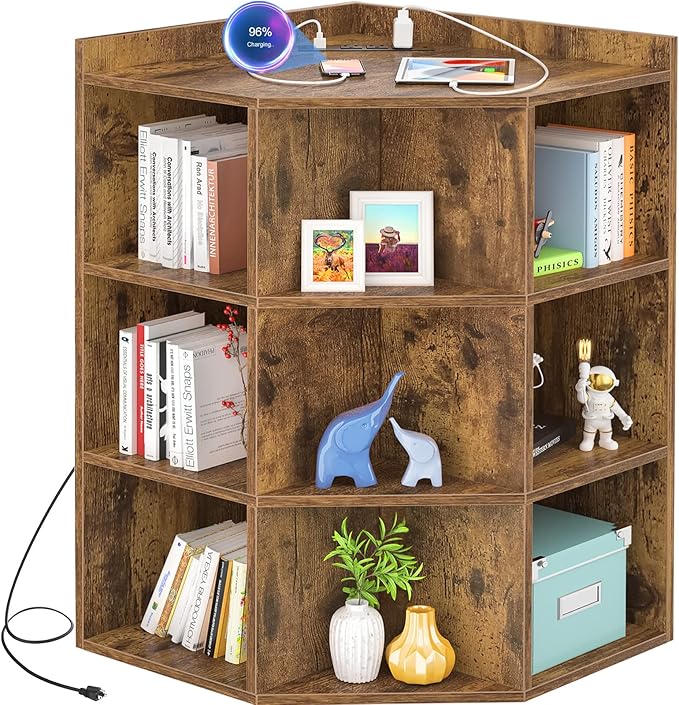 Aheaplus Corner Cabinet, Corner Storage with USB Ports and Outlets, Corners Cube Toy Storage for Small Space, Wooden Corners Bookshelf with 9 Cubes for Playroom, Bedroom, Living Room, Rustic Brown