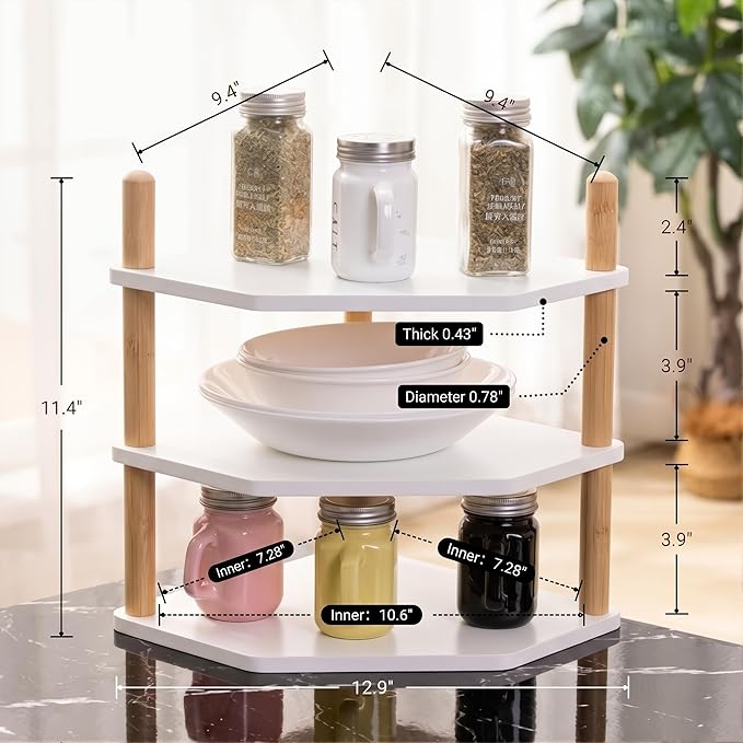 3-Tier Expandable Bamboo Corner Shelf - Dish/Plate Organizer for Cabinet, Kitchen Counter Shelf & Small Kitchen Shelf, Adjustable (White, 1-Pc 3.90" H)