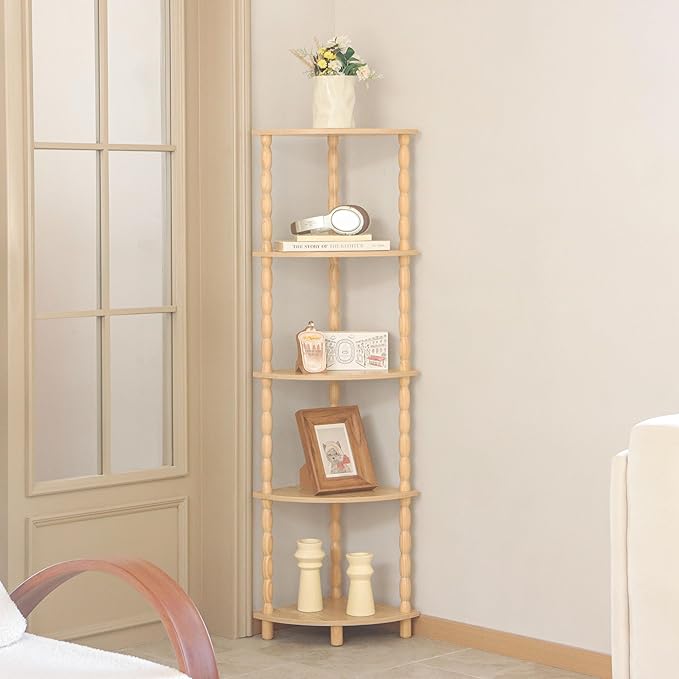 MaxSmeo Corner Shelf, 5-Tier Corner Bookshelf for Small Spaces, Stylish Corner Storage Display Shelves for Bedroom, Bathroom, Kitchen, Living Room (Natural)