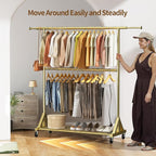 Luxspire Heavy Duty Clothes Rack Load 600 LBS, Double Rod Clothing Rack, Rolling Garment Racks with Lockable Wheels, Shelves, Adjustable Laundry Hanging Racks for Clothes, Gold