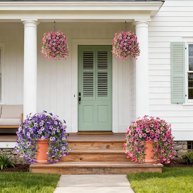 Artificial Flowers for Outdoors, 2 Pcs Fake Hanging Flowers Plants Outdoors Spring Summer Decoration, UV Resistant Faux Flower for Outdoor Planters Porch Patio Yard Home Decor(Gradient Purple Red)