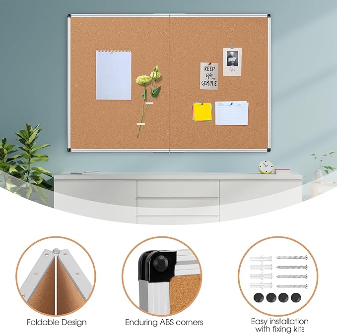 Extra Large Cork Bulletin Board 60" X 48", Foldable Notice Pin Board for Wall, Silver Aluminum Framed 5'x4' Corkboard, Wall Mounted Noticeboard with 36 Push Pins for School, Home & Office