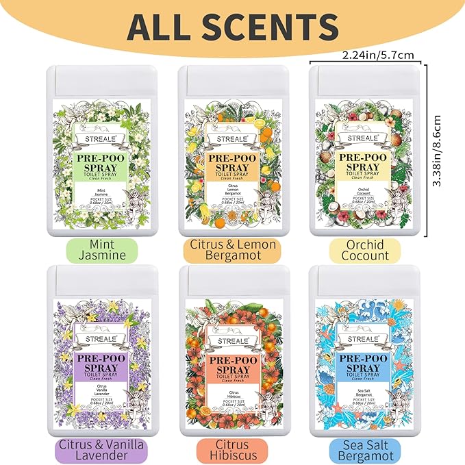 Travel Size Toilet Spray 6-Pack, Travel Essentials Toiletries, Pocket Size Pre-Poo Spray, Bathroom Odor Deodorizer, Up to 240 Uses, 6 Refreshing Scents