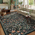 Moynesa Floral Area Rug 6x9, Washable Large Rugs for Living Room, Non Slip Boho Rugs for Dining Room Table, Botanical Ultra Thin Soft Floor Carpet for Farmhouse Office, Black