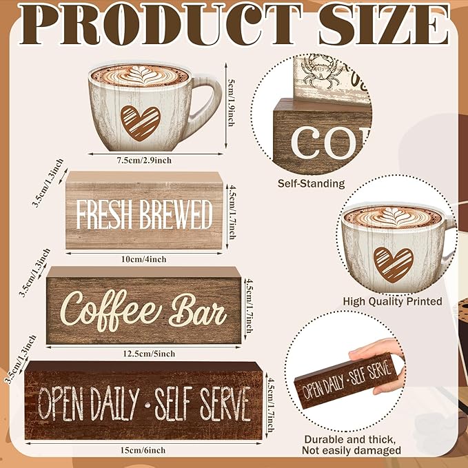 Moucuny 4 Pcs Farmhouse Coffee Bar Signs Decor Wooden Cup Rise & Shine It's Coffee Time Rustic Wood Cafe Sign Gift for Home Kitchen Tabletop Decor
