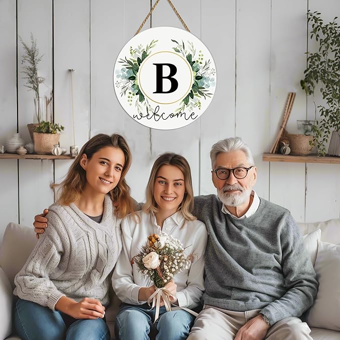 Monogram Letter B Wreaths for Front Door Wreath Wooden Welcome Sign for Front Door Decor Floral Family Last Name Initial House Warming Spring Summer Porch Rustic Wall Home Kitchen Boho Decorations