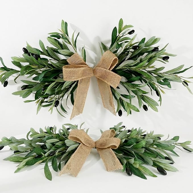 2 Pack 24" Artificial Olive Swag, Full Greenery Swag with Easy-Hang Burlap Bow, Flexible Realistic Olive Branch Wreath for Front Door, Wedding Arch, Wall, Farmhouse Home Decor