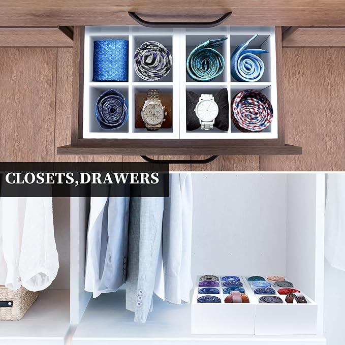 Tie Rack, Bamboo Wall Mounted Tie Box or for Closet Drawer Organizer, 2 Pack 16 Compartments, Storage for Dressing Room, Bedroom, Men Closets - Ties, Belt, Briefs, Socks