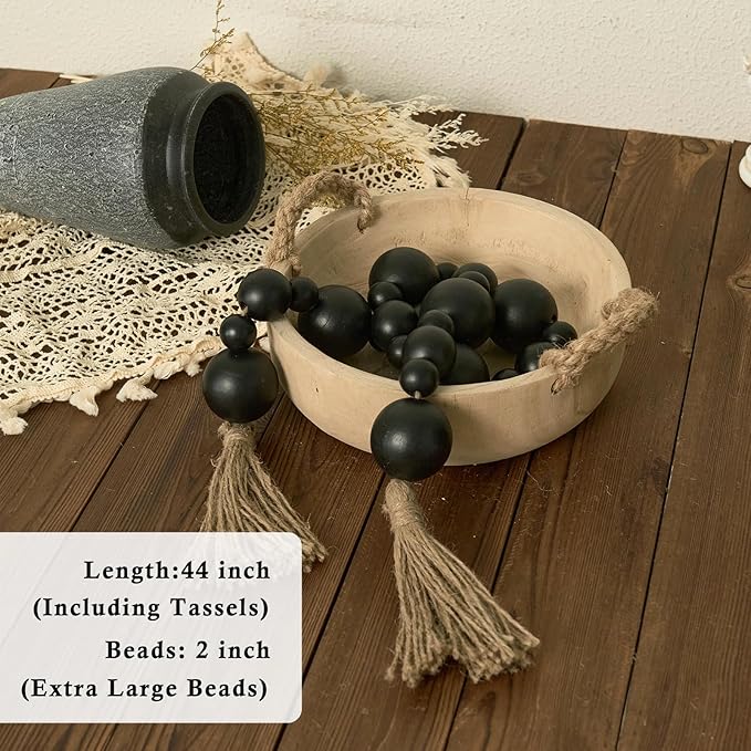 2" Extra Large Wood Bead Garland with Tassels, 44" Long Rustic Farmhouse Wooden Beads Garland, Decorative Beads Boho Decorations for Home Table Mantle Black