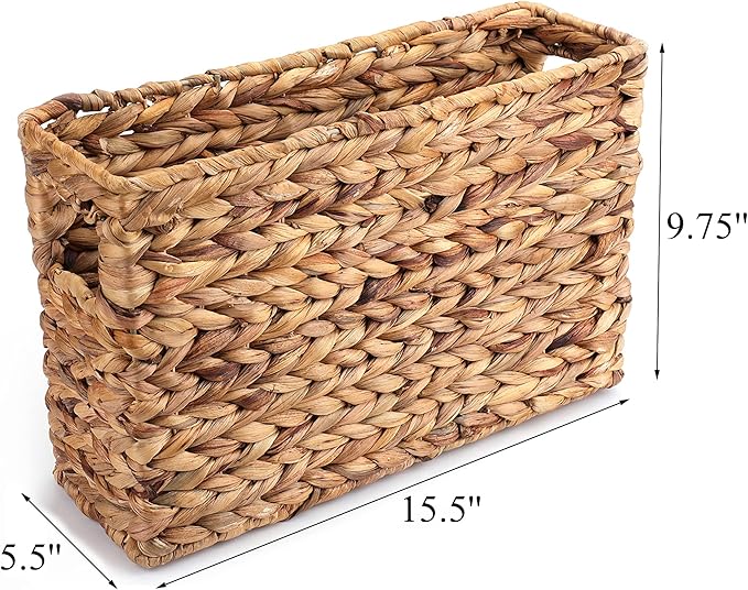 Yesland Hand-Woven Narrow Water Hyacinth Holder Wicker Basket, 15.5 x 5.5 x 9.75 Inch Decorative Magazine Storage Basket Bin for Home, Office, Desk