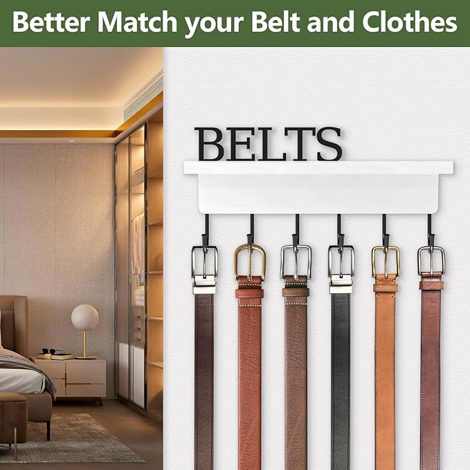 Belt Hanger Organizer for Closet, Wall Mount Belt Rack, Wooden Belt and Tie Organizer for Stores and Displays Mens Accessories (Length 9.8”) White