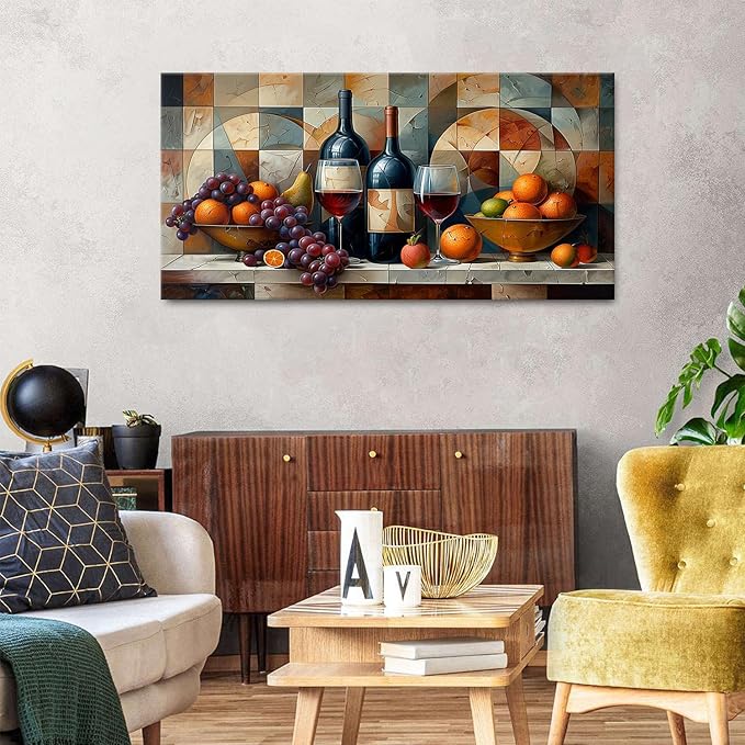 AIYISU Abstract Kitchen Wall Art Geometric Wall Decor Red Wine Glass Fruits Canvas Prints Pictures Rustic Farmhouse Still Life Painting Wine Bar Art for Dining Room Restaurant Home Decorations 24x48