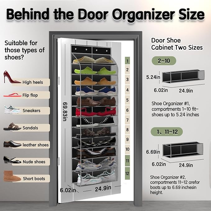 Over The Door Shoe Organizer with 12 Large Breathable Pockets - Durable Hanging Storage for the Entire Family's Shoes (Black)