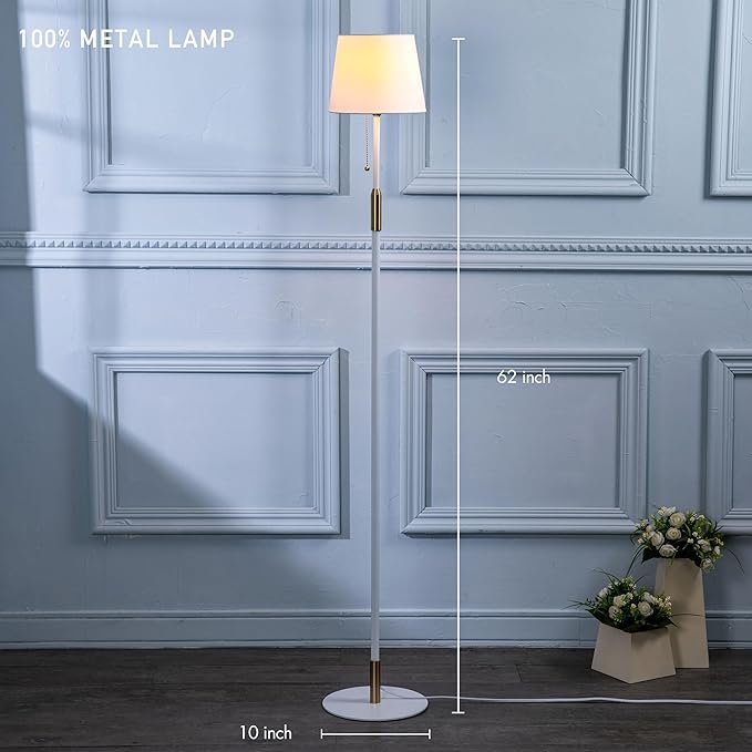 O'Bright Velum Floor Lamp - Elegant Linen Shade, Pull Chain Switch, Luxury Gold Handle, Modern Minimalist Design - Perfect for Living Room, Bedroom, Office - White