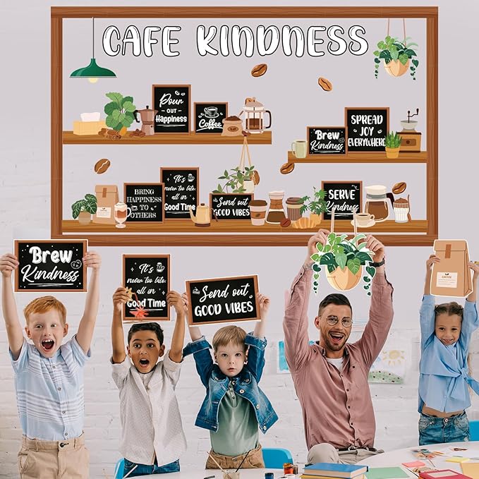 Pajean Cafe Kindness Bulletin Board Set Plant Coffee Motivational Classroom Decorations Bookshelf Reading Bulletin Board Inspirational Cutouts for Back to School Library Decor Office Supplies