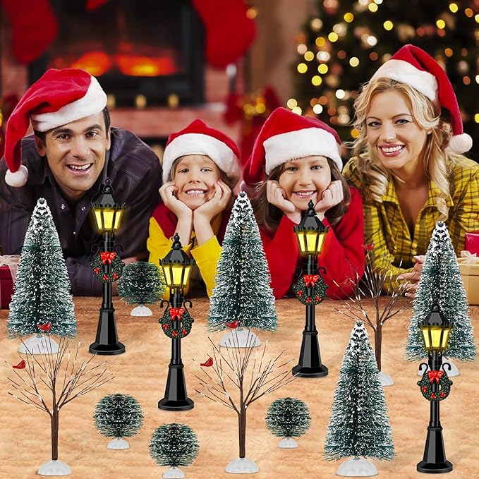 16 PCS Christmas Figurine Village Accessories, Mini Street Light Models with Brush Trees, Miniature Christmas Pathway Street Lamps Lantern Post for DIY Micro Landscape Fairy Garden