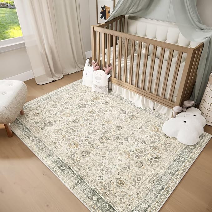 Washable 3x5 Entryway Rug, Boho Non-Slip Vintage Distress Small Rugs for Kitchen Nursery Office Bedroom, 0.3" Neutral Oriental Throw Thin Carpet with Cushioning Pad, Grey/Beige/Orange/Multi