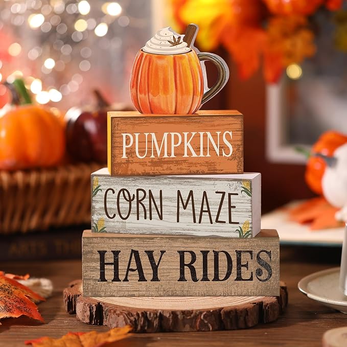 Lineshading 4 Pcs Fall Decorations for Home Fall Cream Cups Table Decor Thanksgiving Tiered Tray Decor Thanksgiving Centerpiece Rustic Cream Cups Block Sign Autumn Decorations for Home Kitchen Shelf