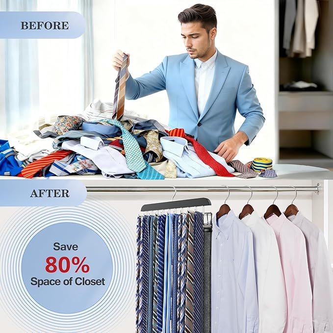 Tie Rack Hanger for Closet 20 Foldable Hooks, 2 Pack Wooden Non Slip Large Capacity Space Saving Tie and Belt Organizer with 360°Rotating Hooks for Tank Tops Bras Scarves Hat