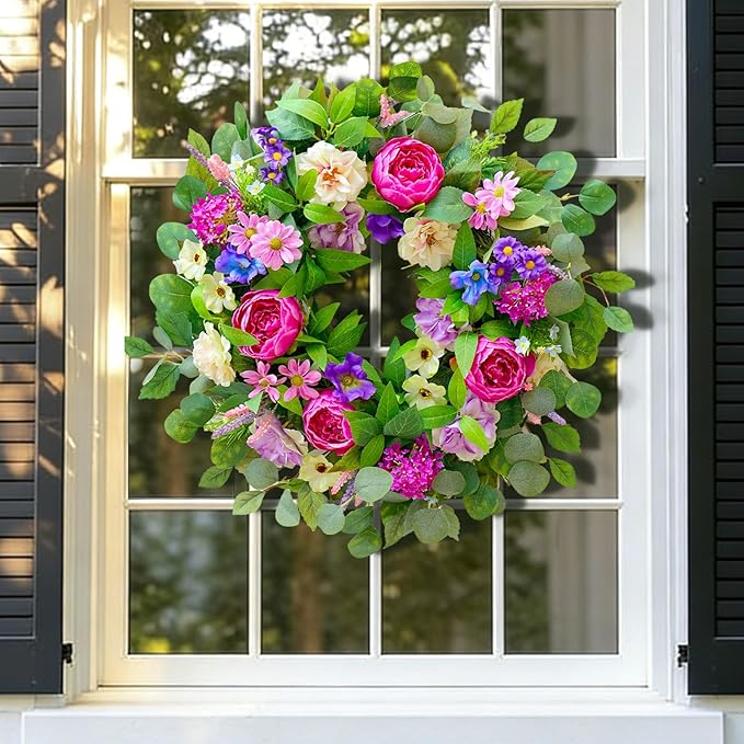 Spring Wreaths for Front Door Outside 24 Inch Spring Door Wreath with Pink Peony,Rose and Blue Hydrangeas, Handmade Silk Summer Wreaths for Front Door Home Wall Window Proch Seasonal Decor