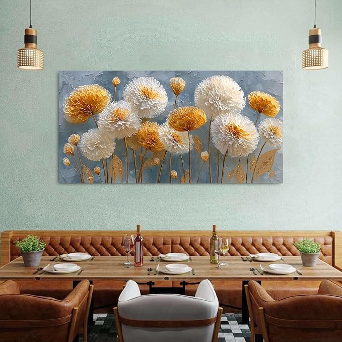 Abstract White Flower Wall Art Golden Floral Pictures Wall Decor Neutral Flowers Canvas Painting Boho Blossom Posters Print Nature Botanical Artwork Bedroom Living Room Home Decoration 29.53x57.87