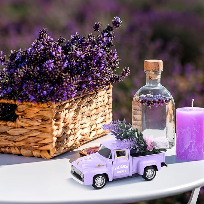 Lavender Home Decor Metal Truck with Faux Lavender Vintage Truck Mini Vehicle Decoration for Farmhouse Desktop Tray Decor Kitchen Supplies