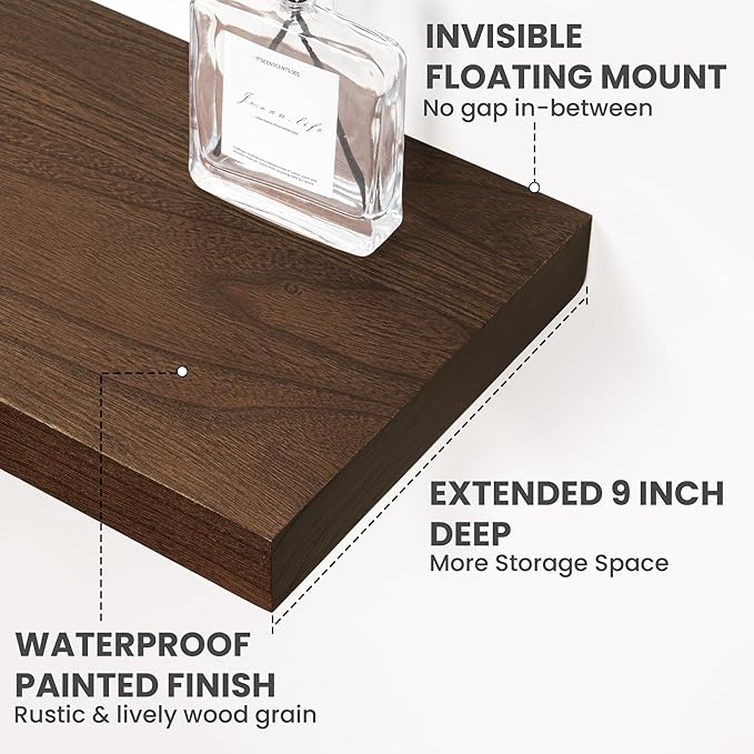 Marsmiles Solid Wood Floating Shelves for Wall, 48”W x 9”D x 1.56”H Large Wall Shelves for Living Room Bedroom Bathroom Kitchen Drcor Storage with Invisible Heavy-Duty Metal Bracket, Walnut, Set of 1