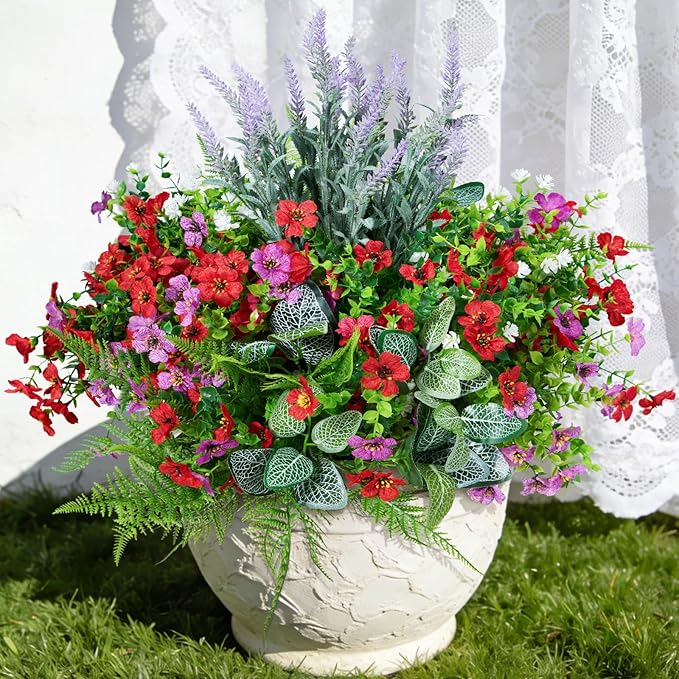 Fake Artificial Flowers for Outdoors Faux Plants Outside Indoor,Realistic UV Resistant Silk Flower for Home Patio Garden Back Yard Front Poch Decor Spring Summer(12 Bunches)