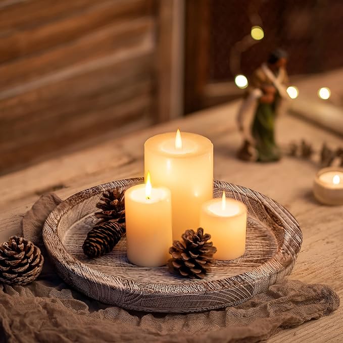 Hanobe Candle Plate Holder Tray: Round Wood Decorative Candle Plate - Rustic Farmhouse CoffeeTable Decor - Tealight Pillar Trays for Home Decor (Whitewash)
