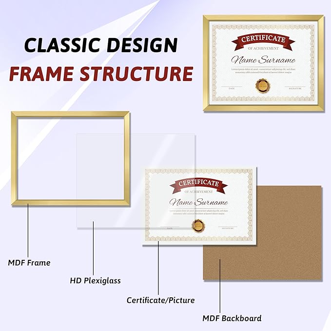 NEXCOVER Diploma Frame Gold 6 Pack, 8.5 x 11 Certificate Frame with HD Plexiglass, 8.5 by 11 Picture Frames for Documents, Photos, Posters, Artworks, Horizontal and Vertical Wall Display