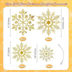 36pcs Gold Shine Christmas Snowflake Ornaments, Plastic Glitter Hanging Snow Flakes for Christmas Tree Decorations Winter Wonderland Frozen Birthday Party Holiday Home Decor