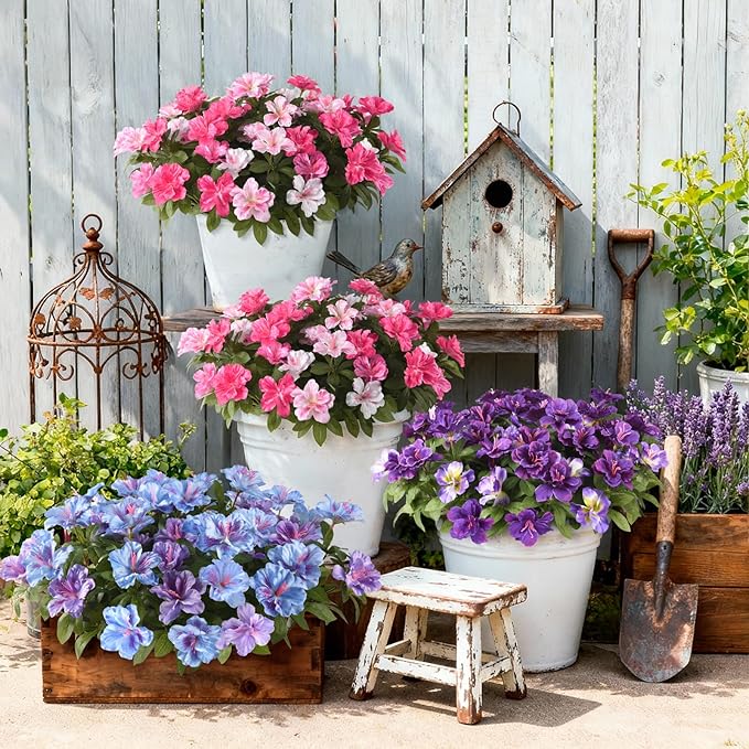 Artificial Fake Flowers for Outdoor, 8 Bundles Faux Plants Silk Flowers Spring Decoration UV Resistant No Fade Plastic Flowers for Outside Planters Home Porch Patio Yard Garden Decor
