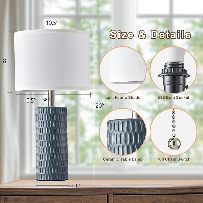 Reaketon Table Lamps for Living Room Set of 2, Ceramic Table Lamps for Bedroom, 20" Modern Lamps for Night Stands, Grey