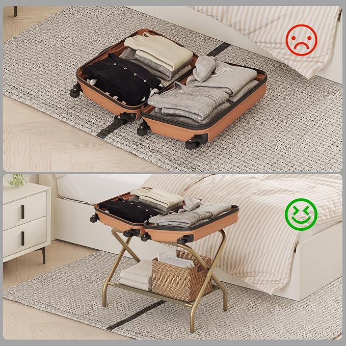 Set of 2 Luggage Rack for Guest Room, Folding Suitcase Stand with Shoe Shelf, Easy Assembly, Portable, Hold up to 110 lb, Gold