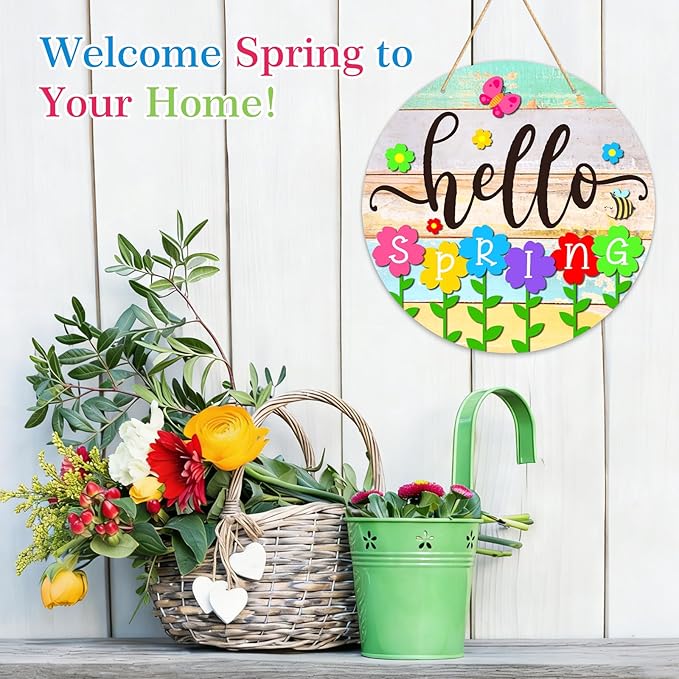 PETCEE Hello Spring Door Sign - 11.5" Colorful Flowers Spring Sign for Front Door Welcome Spring Decoration Wreath Farmhouse Welcome Spring Hanging Sign for Home Door Wall Porch Indoor Outdoor Decor