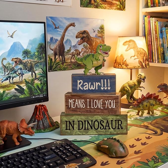 Lineshading 4 Pcs Dinosaur Table Decorations Wooden Dinosaur Decor Dino Safari Party Centerpieces for Table Jungle Animal Theme Baby Shower Tabletop Stand for Boys Girls Birthday Party Decorations