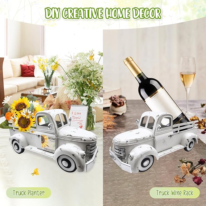 Sunflower Decor 13.4 Inch Vintage White Farmhouse Truck with 20 Magnets Sunflower Decorations for Home Kitchen Shelf Office Metal Pickup Interchangeable Seasonal Decor Garden Truck Planter