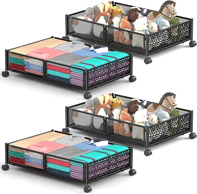 Under Bed Storage With Wheels, 4 Pack Foldable Pattern Carved Metal Under Bed Storage Containers, 60L Rolling Underbed Storage, Easy Assembly Under The Bed Storage for Shoes, Clothes, Blankets...