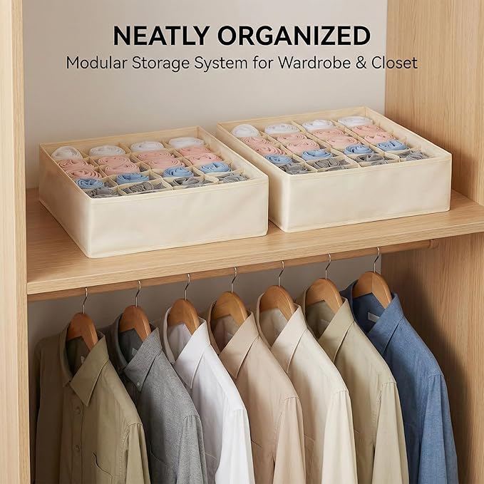 Beige 24 Grid 3 Pack Foldable Underwear Sock Storage Organizer, Non-Woven Fabric Closet Drawer Divider Bins for Socks, Ties, Baby Clothes, Dresser & Wardrobe Organization Boxes (Beige 3 Pack)