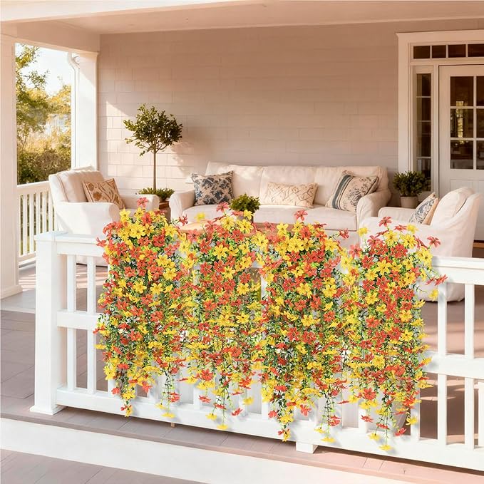 Artificial Fake Hanging Flowers Plants for Outdoor Spring Decoration,2 PCS Faux Silk Daisy with Eucalyptus Leaves,UV Resistant Look Real for Outside Home Indoor Planter Porch Patio Balcony Yard Decor