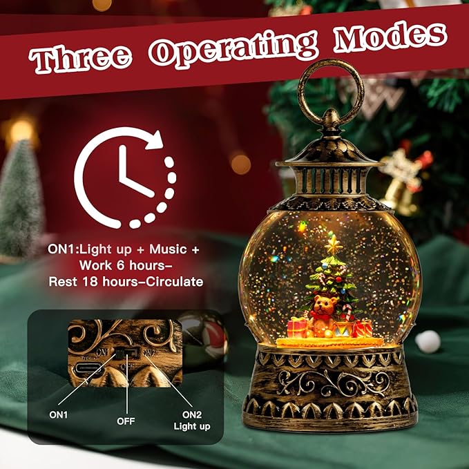Christmas Snow Globe, Gift Bear Musical Snow Globe Lantern Lights with 6H Timer Battery & USB Powered, Retro Style Holiday Glitter Globe for Xmas Home Decoration Holiday Party Gifts