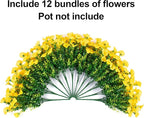Artificial Flowers Fake Plants for Outdoors Decoration, 12 Bundles Yellow Silk Morning Glory with Eucalyptus Realistic UV Resistant Faux Flowers for Outside Planter Porch Yard Patio Garden Home Indoor