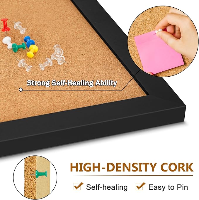 DOLLAR BOSS Cork Board for Wall 24" x 18" Bulletin Board for Wall with Black Wood Frame, Picture Display Pin Broad Vision Board for Office Home School Room Decorative Hanging 10 Pushpins