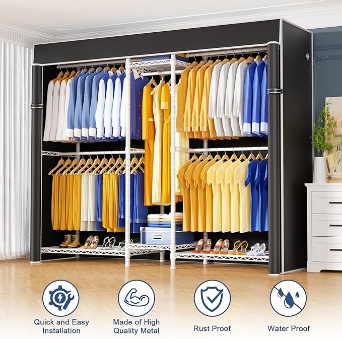 Ulif E12C Pro Heavy Duty Closet Organizer System，Freestanding Clothing Racks for Hanging Clothes，Adjustable Garment Rack 71"W x 16"D x 76.5"H Hold 960lbs，White Clothing Rack with Black Dustproof Cover