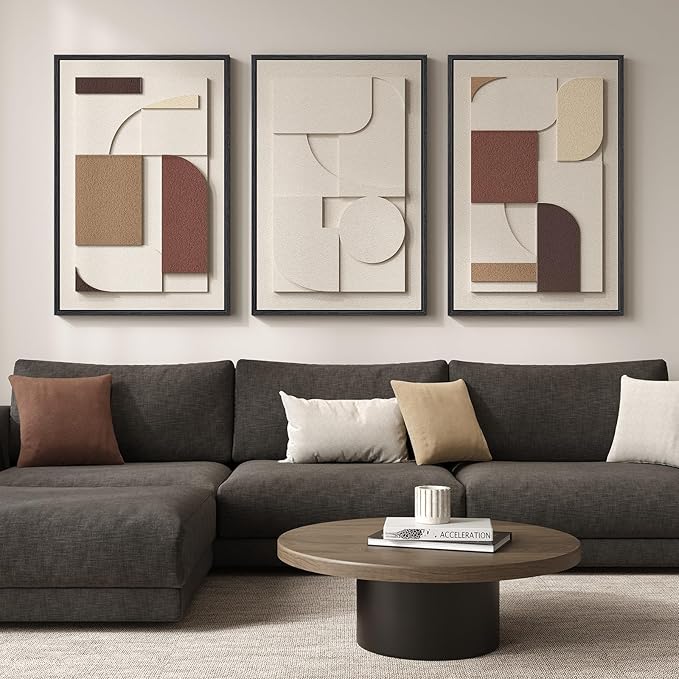 Large Framed 3D Textured Neutral Abstract Wall Art for Living Room, 3 Piece Modern Paintings Artwork for Walls, Minimalist Geometric Pictures for Hallway Office Dining Bedroom Wall Decor 24x36 In