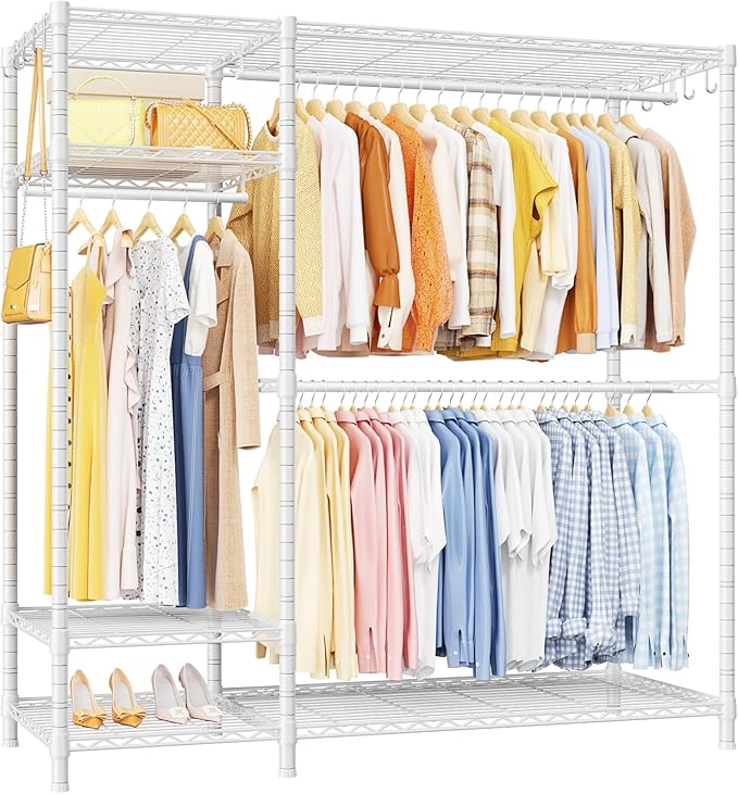 Ulif F7 Garment Rack, Heavy Duty Clothes Rack, Clothing Racks for Hanging Clothes, 6-Tiers Freestanding Portable Closet Storage Rack 58'' W × 14.6'' D × 76.6'' H, Max Load 800 Lbs, White