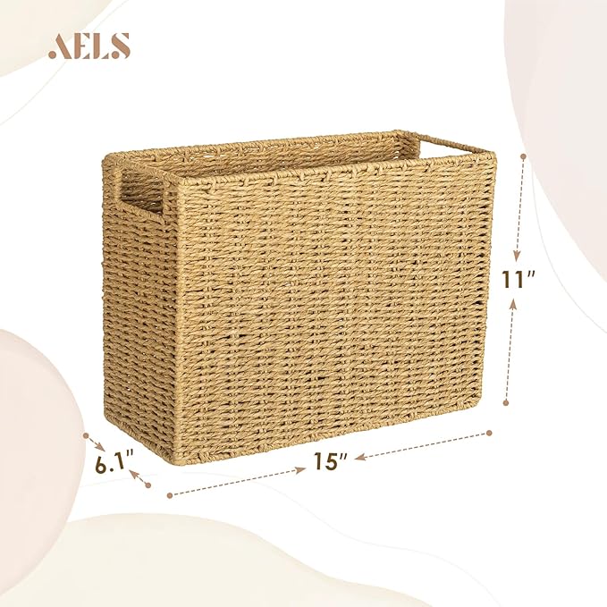 AELS Woven Natural Fibre Magazine Holder, Magazine Rack Floor, Hand-woven Magazine Organizer, Natural Paper Rope Magazine Basket with Handles, Boho Modern Farmhouse Book Basket, Newspaper Holder
